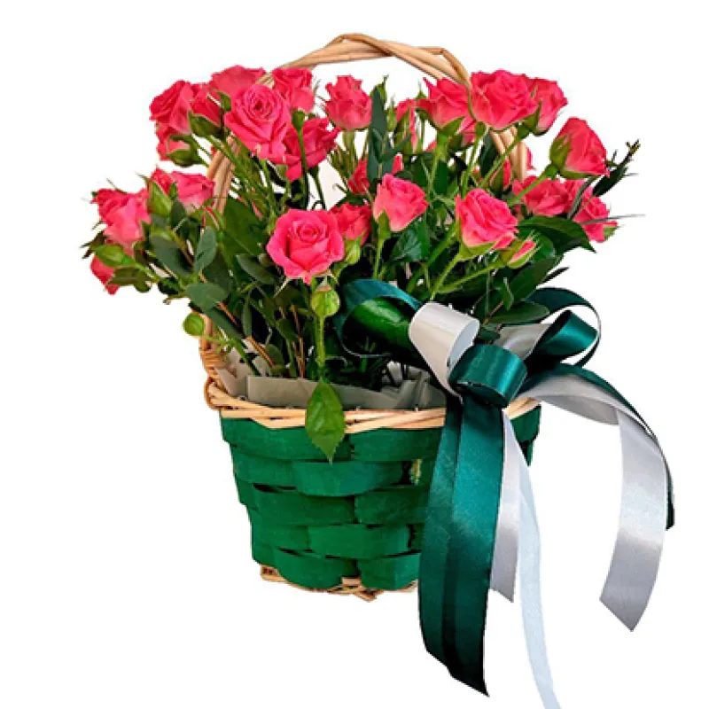 Корзинка с розовыми кустовыми розами, доставка Рыбинск (Том. Обл.)